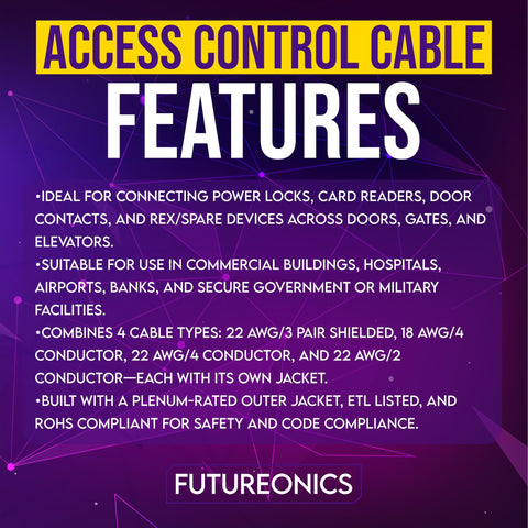 Access Control Cable features description for All In One Access Control Cable For Plenum Install Yellow 500 Ft 18 AWG 4C Power Plus 22 AWG 4C Reader Data 22 AWG 2C Door Contact And 22 AWG 6C Request To Exit Alarm In One Jacket Easy Install