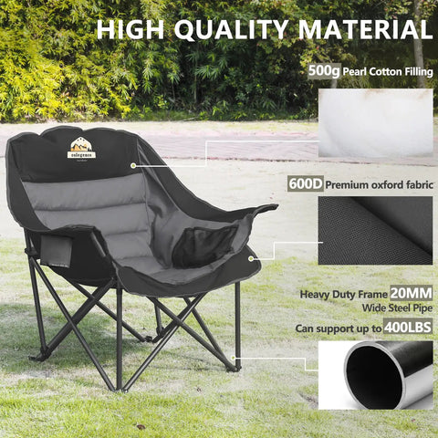 Oversized Padded Camping Chairs Set of 2 for Adults, Heavy Duty Foldable Lawn Chairs With XL Wide Seat and 450LBS Capacity, Black and Grey