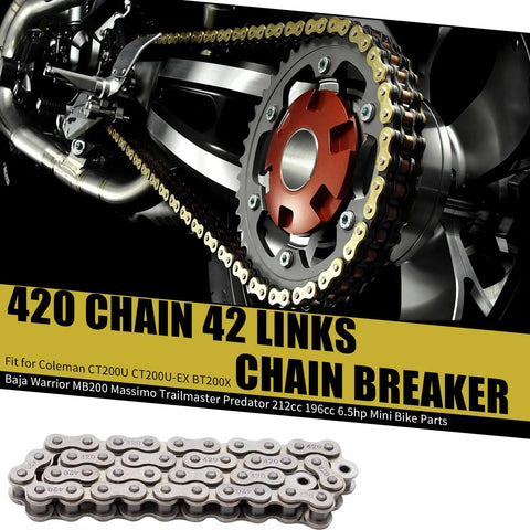 42 Link 420 Chain With Chain Breaker Fits Coleman CT200U CT200U EX BT200X Baja Warrior MB200 Massimo Trailmaster Predator 212cc 196cc 6.5HP Mini Bike Parts Upgrade And Repair close-up