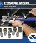 Mastercool 71098 hydraulic flaring tool with blue handle and six 3/16–1/2 in adapters (front view)