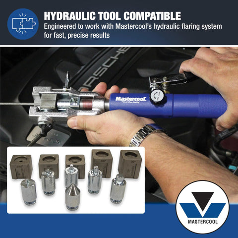 Mastercool 71098 hydraulic flaring tool with blue handle and six 3/16–1/2 in adapters (front view)