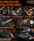 Installation guide for Dead On Accurate Tire Pressure Monitoring System Sensor 315 Mhz with step-by-step visuals and tools shown.