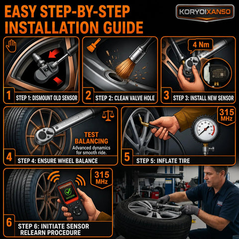 Installation guide for Dead On Accurate Tire Pressure Monitoring System Sensor 315 Mhz with step-by-step visuals and tools shown.