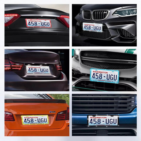 Collage of cars with Bling Crystal License Plate Frame With Rhinestone Diamonds, Easy Install Car Plate Holder, Black Finish.