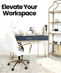 Office with Dope Gold Desk Organizer Set 6 Piece Metal Office Accessories with mail sorter, pen cup, and magazine rack on desk.