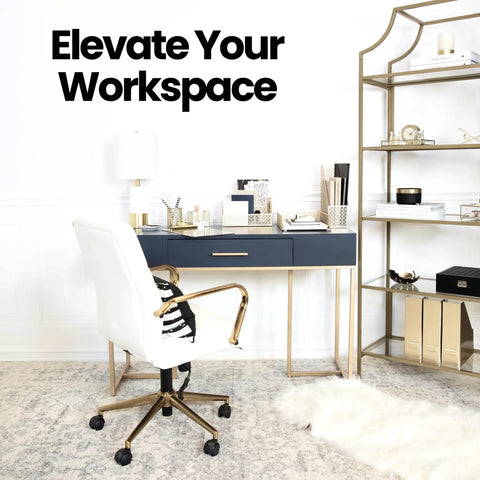 Office with Dope Gold Desk Organizer Set 6 Piece Metal Office Accessories with mail sorter, pen cup, and magazine rack on desk.