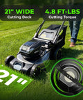 60V Brushless Cordless Self Propelled Lawn Mower With 21 Inch Deck 5Ah Battery LED Headlight Rapid Charger 3 In 1 Versatility For Large Yards Quiet Power Low Maintenance Durable Lawn Care Machine showing 21-inch deck and blade
