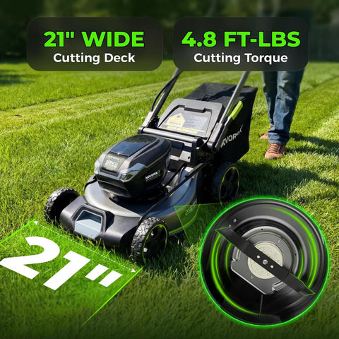 60V Brushless Cordless Self Propelled Lawn Mower With 21 Inch Deck 5Ah Battery LED Headlight Rapid Charger 3 In 1 Versatility For Large Yards Quiet Power Low Maintenance Durable Lawn Care Machine showing 21-inch deck and blade