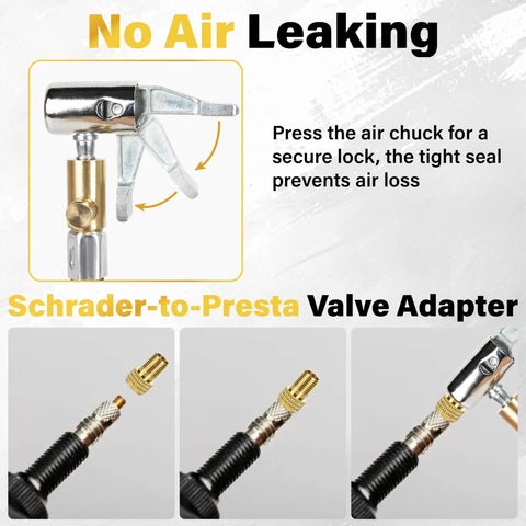 No Hassle Flexible Twenty Inch Tire Inflator Hose Adapter With Quick Release Schrader Valve And Straight Up Universal Air Pump Replacement For Cars And Trucks, showing air chuck and valve adapter.