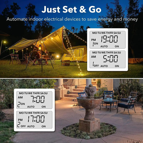 7 Day Outdoor Programmable Timer With Dual Outlets Set It And Forget It Heavy Duty Weatherproof Digital Timer in outdoor settings