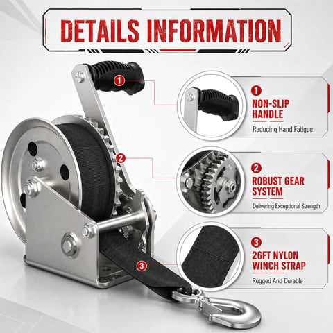 1600lbs Heavy Duty Boat Trailer Winch With 26ft Strap, Dual Direction Ratchet, 4 to 1 Gear Ratio, Portable Hand Crank Design, Perfect For Easy Towing, Loading And Recovery Of Boats, Jet Skis, And More, 26ft nylon strap