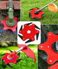 Collage of Universal 6 Steel Razors Weed Eater Head With Adapter Kit For Straight Shaft Trimmers in use on various trimmers