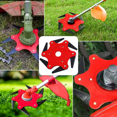 Collage of Universal 6 Steel Razors Weed Eater Head With Adapter Kit For Straight Shaft Trimmers in use on various trimmers