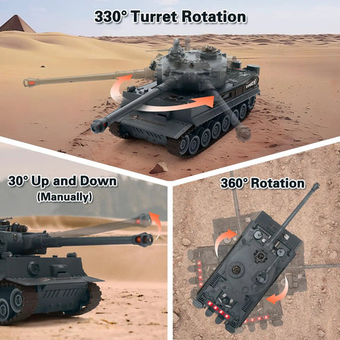 Dual RC Battle Tank Set With Infrared Shooting, realistic lights and sounds showing turret and gun rotation features.