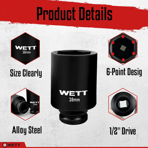 Half Inch Drive Deep Impact Socket Set, 9 Piece Metric 29mm to 38mm 6 Point Axle Nut Sockets, Heavy Duty CRV Steel, 38mm