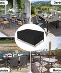 Weatherproof Rectangular Patio Furniture Cover For Outdoor Table And Sectional Sets Waterproof UV Resistant 420D Oxford Fabric Fits 90L X 64W X 28H Inches Black shown covering a patio table