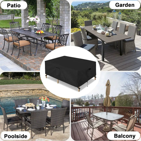 Weatherproof Rectangular Patio Furniture Cover For Outdoor Table And Sectional Sets Waterproof UV Resistant 420D Oxford Fabric Fits 90L X 64W X 28H Inches Black shown covering a patio table