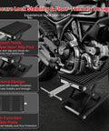 Beefed Up 1300 Lbs Motorcycle Jack With Thick 0.48 Inch Rubber Pad And Upgraded Anti Slip Bottom Wide Deck Carbon Steel Dirt Bike Center Stand With Chain Brush And T Handle For ATV Black supporting a motorcycle