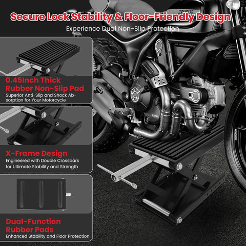 Beefed Up 1300 Lbs Motorcycle Jack With Thick 0.48 Inch Rubber Pad And Upgraded Anti Slip Bottom Wide Deck Carbon Steel Dirt Bike Center Stand With Chain Brush And T Handle For ATV Black supporting a motorcycle