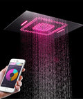 Next Level RGB LED Shower System With 80X60 Cm Rain Head And Flexible Handheld Wand, Concealed Four Way Diverter Faucet Set, Chrome Rock Solid Brass Combo With BodyJets And Tub Spout For A Smooth Spa Upgrade, featuring pink LED lights and water flow.
