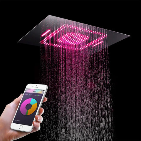 Next Level RGB LED Shower System With 80X60 Cm Rain Head And Flexible Handheld Wand, Concealed Four Way Diverter Faucet Set, Chrome Rock Solid Brass Combo With BodyJets And Tub Spout For A Smooth Spa Upgrade, featuring pink LED lights and water flow.