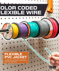Color coded flexible wire spools with flexible PVC jacket for fire and abrasion resistance, displayed on pegboard.
