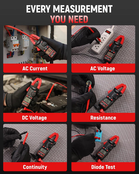 5 in 1 Digital Clamp Meter With Auto Ranging, 400A AC Current, 600V AC DC Voltage, Resistance, Continuity And Diode Testing, 2000 Count Resolution, Portable Pocket Sized Multimeter For Pros And DIY shown measuring current, voltage and continuity
