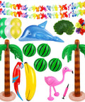Luau Party Inflatable Decor Set 2 Pack Fringed Coconut Trees 4 Inflatable Watermelons 12 Monstera Leaves 12 Hawaiian Flowers 20 Balloons 2m Garlands Flamingo Parrot Banana Dolphin Beach Party Supplies