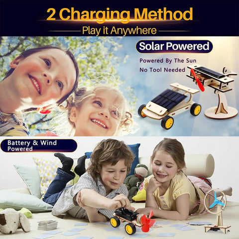 Children playing with Hands On Solar And Wind STEM Kits For Kids Aged 8 9 10 11 12 Build A Solar Car Plane Wind Powered Car And Electric Fan