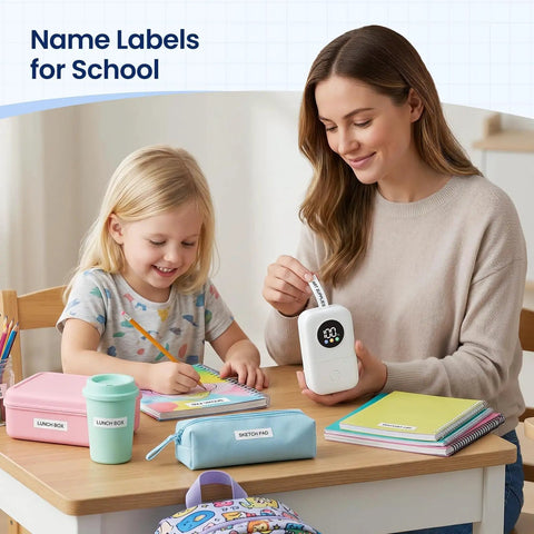 A mom and daughter use the Slick Mini Bluetooth Label Maker With Five Colorful Tapes And Smart LED Display for school projects.