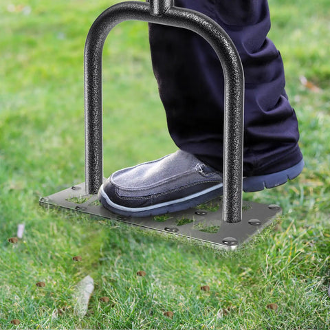 Person using Manual Lawn Aerator Spike Tool With 15 Stainless Steel Spikes Non Slip Grip Handle Grass Aerator on lawn
