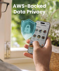 Person holding smartphone with birdwatching app, shield icon indicating AWS-backed data privacy protection.