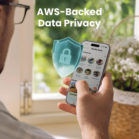Person holding smartphone with birdwatching app, shield icon indicating AWS-backed data privacy protection.