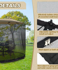 Double Sided Mosquito Netting For 7.5 To 10 Ft Patio Umbrella And Gazebo showing installation details with zippers and adjustable rope.