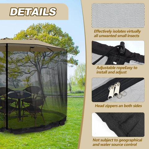 Double Sided Mosquito Netting For 7.5 To 10 Ft Patio Umbrella And Gazebo showing installation details with zippers and adjustable rope.