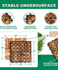 Stable undersurface features of Interlocking Teak Deck Tiles Pack Of Nine For Indoor Outdoor Patio Flooring Natural Teak Wood 12 Slats
