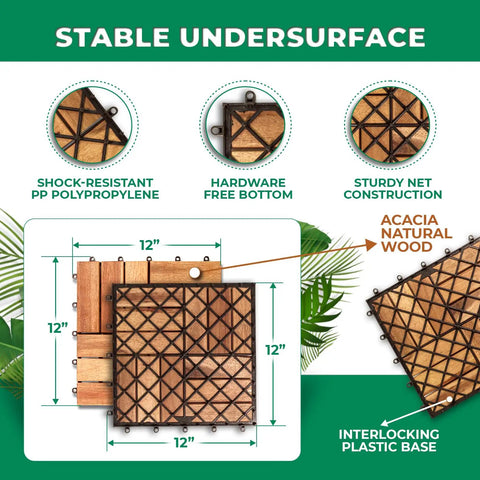 Stable undersurface features of Interlocking Teak Deck Tiles Pack Of Nine For Indoor Outdoor Patio Flooring Natural Teak Wood 12 Slats