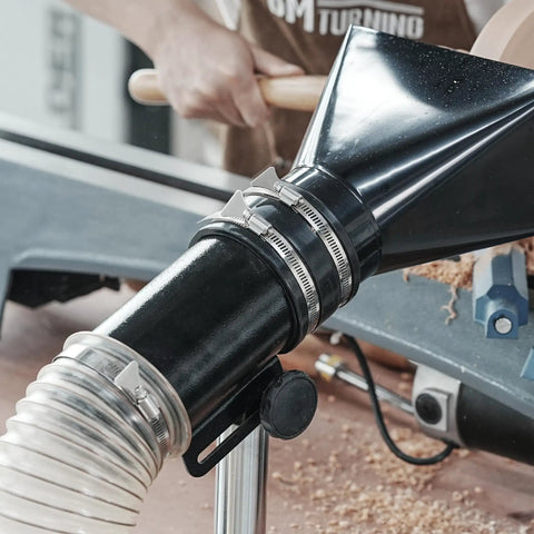Close-up of Premium Woodturning Dust Extraction Hood with rubber cuff and fittings for lathes and turning tools.