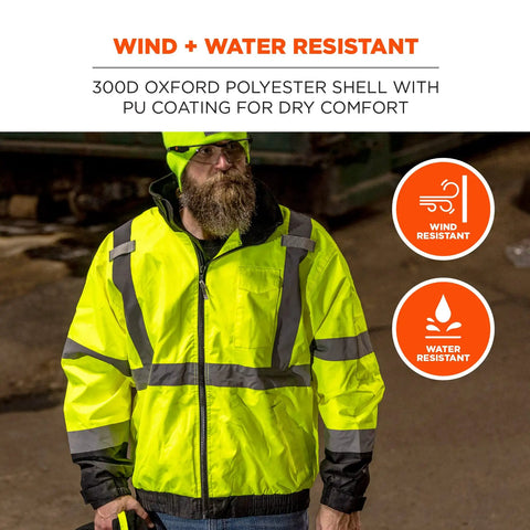Person wearing Hi Vis 3 In 1 Winter Bomber Jacket Unisex Lime Waterproof Windproof Layered Coat With Fleece Liner Removable Shell XX Large