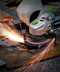 Angle grinder using 10 Pack 4 and a Half Inch T29 Zirconia Flap Discs For Angle Grinder Arbor Size Seven Eighths Inch 40 Grit Set Pro