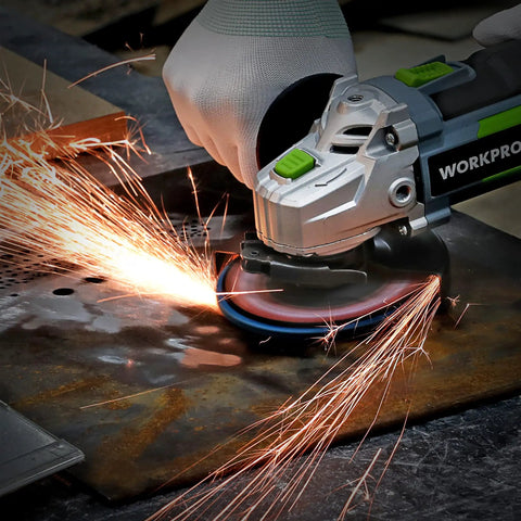 Angle grinder using 10 Pack 4 and a Half Inch T29 Zirconia Flap Discs For Angle Grinder Arbor Size Seven Eighths Inch 40 Grit Set Pro