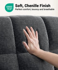 Hand touching thick chenille seat cushion of Power Recliner Chair For Adults With One Touch Synchronized Electric Recline USB Ports Cup Holder