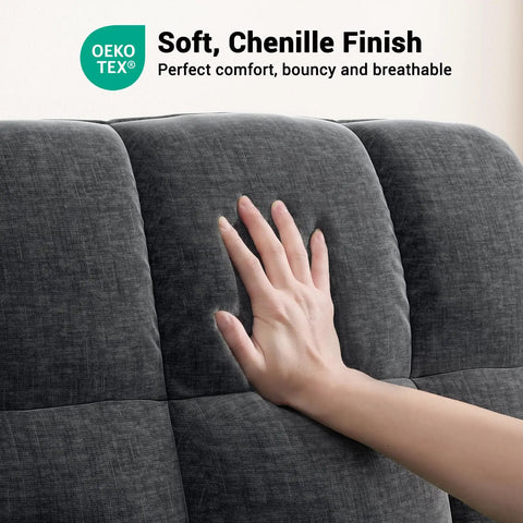 Hand touching thick chenille seat cushion of Power Recliner Chair For Adults With One Touch Synchronized Electric Recline USB Ports Cup Holder