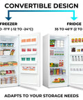 Straight Up Spacious 14 Cubic Foot Upright Fridge And Freezer Combo With Auto Defrost, showing convertible design with freezer and fridge sections.