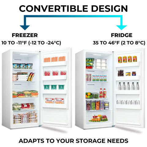 Straight Up Spacious 14 Cubic Foot Upright Fridge And Freezer Combo With Auto Defrost, showing convertible design with freezer and fridge sections.