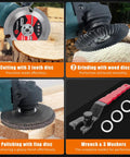 13 Piece Wood Carving Disc Set for Four and a Half Inch Angle Grinders shown with discs cutting, grinding, polishing, and accessories