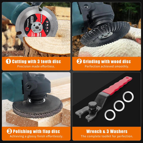 13 Piece Wood Carving Disc Set for Four and a Half Inch Angle Grinders shown with discs cutting, grinding, polishing, and accessories