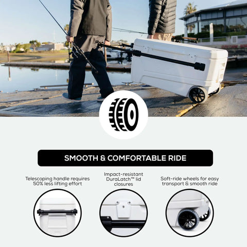 MaxCold Glide 110 Qt Insulated Rolling Cooler With Soft Ride Wheels pulled on dockside by telescoping handle