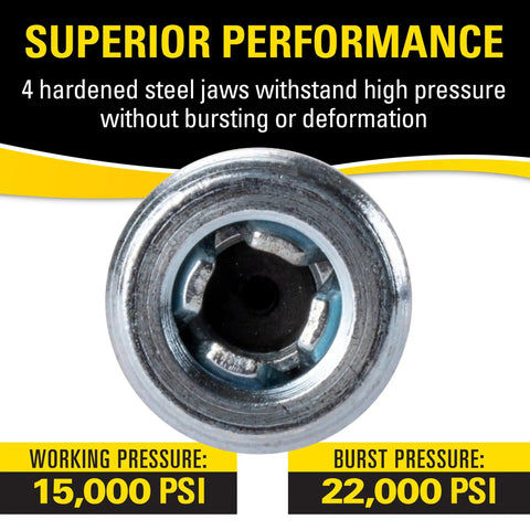 Heavy Duty Quick Release Grease Coupler XL for 1 8 NPT Fittings, Hands Free Latching, Tool Steel, Hydraulic Seal, Front View
