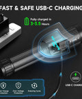 4 Pack Rechargeable LED Flashlights With 10000 Lumens Each And LCD Battery Display showing USB-C charging feature